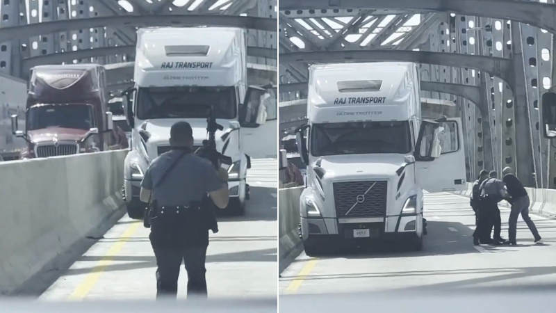 WATCH: Driver in ‘Raj Transport’ Big Rig Going Wrong Way on I-55 Bridge Removed at Gunpoint by Police