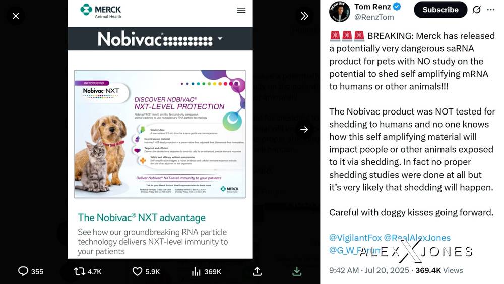 EXCLUSIVE: Merck’s Dangerous New saRNA ‘Vaccine’ For Pets Has Had NO STUDY For Potential Shedding To Humans Or Other Animals!