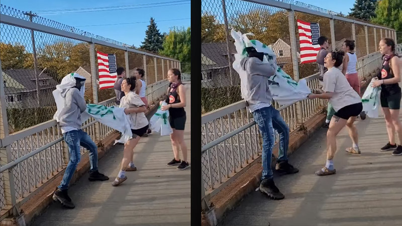 Watch: Liberal White Women Confront Black Man, Steal Pro-ICE Flag