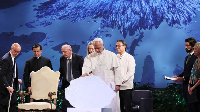 WATCH: Pope Leo XIV Blesses Block Of Ice At Climate Justice Conference